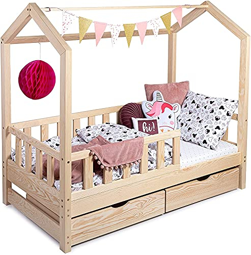 Sanmar Kinderbett Bett Hausbett 80x160 mit Rausfallschutz Lattenrost und Schubladen Bettgestell aus Kiefer Holz für Haus Kinder Jungen & Mädchen - Holzbett Baby Kinderzimmer Junge Deko