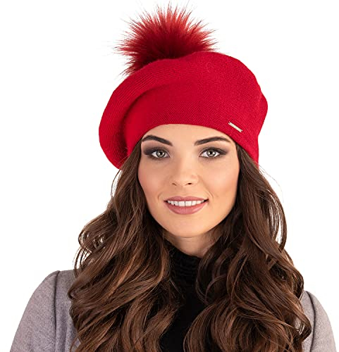 VIVISENCE Winter Baskenmütze Mit Bommel Für Damen Klassischem Herbst Frauen Mütze Schnitt Warmem Garn Mit Wollezusatz Eleganter Wintermütze Ideal Für Kalte Wintertage Modell 7035, Rot,Einheitsgröße