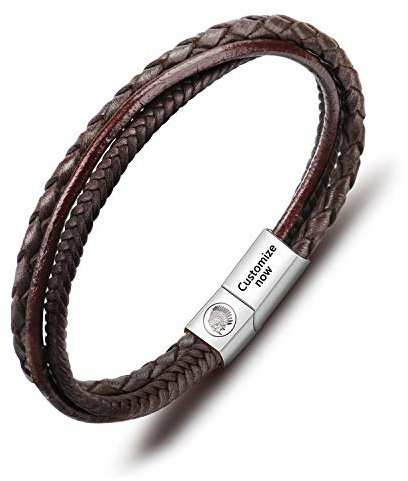 Casisto.J Pulsera Cuero Hombre - Pulsera Trenzada Hecha a Mano clásica en Negro y marrón con Cierre magnético Grabado Joyas Gratis en Caja