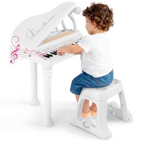 DREAMADE Clavier 31 Touches, Jouet Piano pour Enfants avec Tabouret, Instrument de Musique Mini Piano à Queue avec Microphone, Enseignement Guidé par La Lumière (Blanc 31 Touches)
