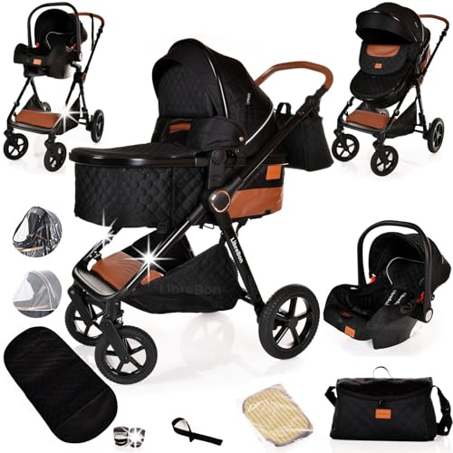 Baby Buggy Pram Pushchair Stroller 3 in 1 Child Lightweight Folding Stroller 3 in 1 Travel System Pram for Newborns & Toddlers from Birth Aluminum (Black - Black Frame)