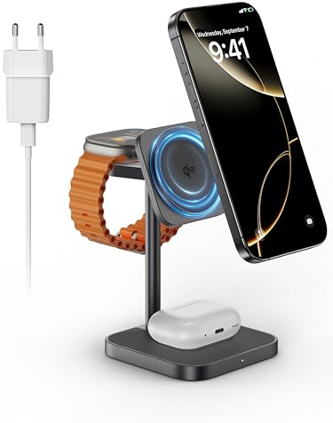 LULULOOK Qi2 Magsafe Ladestation 3 in 1, Aluminium Apple Watch und iPhone Magsafe Ladegerät mit 15W Schnelles Aufladen für 17 Pro Max/17 Pro/17 Air/17, 5W für Apple Watch Ultra, AirPods