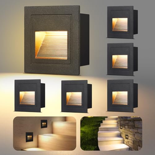 VivaLet 6 Stück LED Treppenbeleuchtung 3W 300LM, Wandbeleuchtung 230V 3000k, IP65 Treppenstufenbeleuchtung, Unterputzdose 68mm, 85 x 85mm，LED Wandeinbauleuchte Aluminium Schwarz