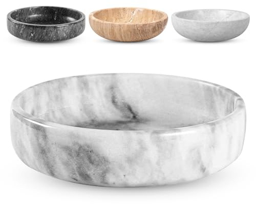 FNTSTICGOODS Marble Decorative Bowl - 7.5 White/Grey Solid Marble Centerpiece - Handmade Stone Fruit Bowl - Catch-All or Key Bowl for Kitchen - Modern Minimalist Decor