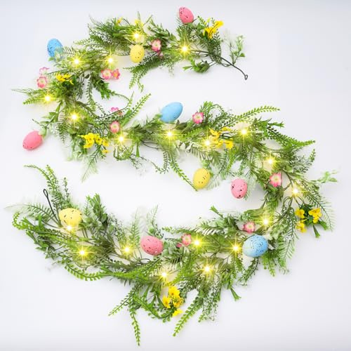 6 FT Easter Decorations Easter Garland for Mantle Artificial Spring Garland for Mantle Easter Decor with Lights Spring Decorations Easter Wreaths for Front Door for Home Fireplace Porch Door Party