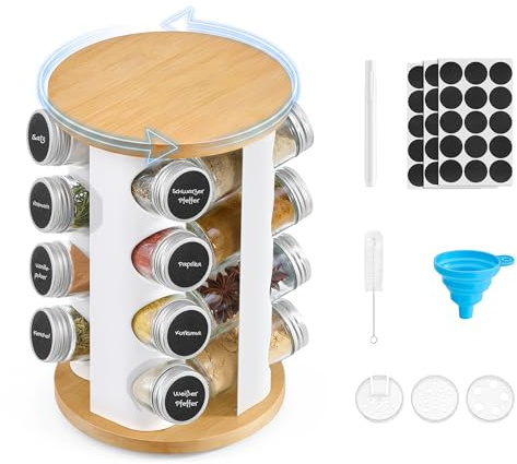 SONGMICS Étagère à Épices Rotative, avec 16 Pots en Verre, Organisateur de Cuisine, Tourniquet à Épices, avec Étiquettes, Entonnoir, Marqueur, Brosse, Blanc Mat et Bambou Naturel KCS256W101