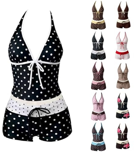 Maillot Bain Femme 2 Pieces Été Tankini Short Col en V Cordon Rembourré Tankini Push Up Gainant Maillot avec Imprimé à Pois Rétro Y2K Tankini Bas Ventre Plat Haut élégant Maillot Plage Loisirs Piscine