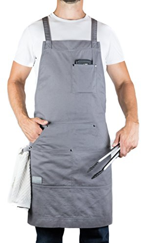 Hudson Durable Goods Professional Grade Chef Apron for Men and Women, 100% Cotton Work Apron for Kitchen, BBQ, and Grill with Large Pockets for Tools, Towel Loop, Crossback Design - One Size, Grey