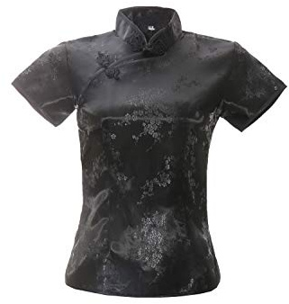 ACVIP Blusa china de manga corta con cuello alto y brocado para mujer