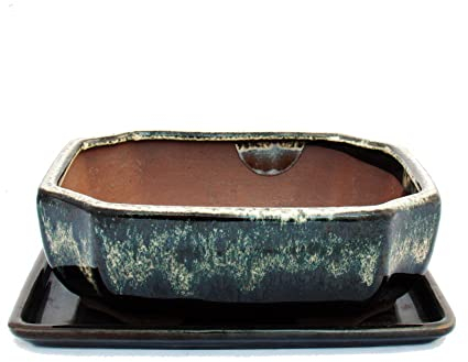 Bonsai-Schale mit Unterteller Gr. 3 - Sonderglasur mit edlem Farbverlauf-Effekt - rechteckig G117 - schwarz-weiss - L 21cm - B 16cm - H 7cm