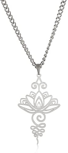VASSAGO Collier pendentif fleur de lotus Acier inoxydable Unalome Collier Lotus Symbole Chakra Pendentif Lotus Géométrie Hindou Bijoux Spirituels Cadeau pour Hommes Femmes (argenté)