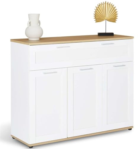 IDMarket - Anrichte 100 cm VITO 3 Türen und 1 Schublade weiß und Holzplatte