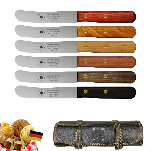 Solingen - Juego de 6 cuchillos (incluye funda de piel, mango de madera, cuchillo jorobado, cuchillo de desayuno, cuchillo para panecillos, hoja inoxidable, cuchillo de cocina extraafilado)