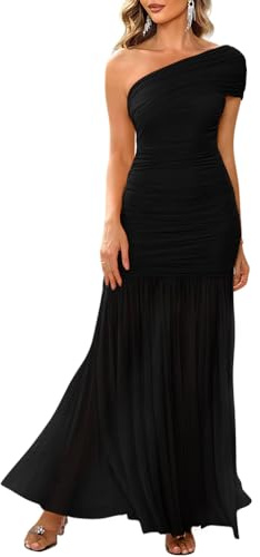 LAGSHIAN Women's Elegant Formal Long Dress One Shoulder Sleeveless Ruched Bodycon Evening Dress Black