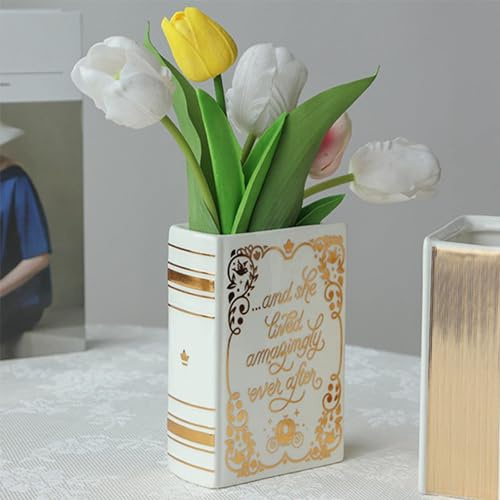 Keramisk bokvas – dekorativ bokform vas för blommor, söt bokhylla dekoration, estetisk rumsdekoration, modern chic heminredning för vardagsrum