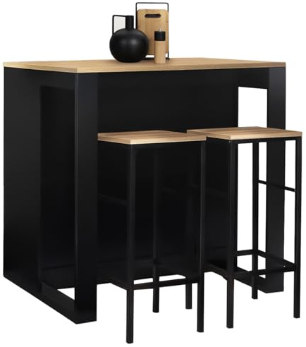 IDMarket - Set Juno Insel-Bartisch aus schwarzem Holz mit Tischplatte in Buchenholzoptik und 2 Barhockern Detroit