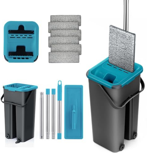 Mopa para Limpiar Azulejos y Paredes Mopa Fregona con Cubo Escurridor Fregona Autoescurrible Mopas de Limpieza Suelos Mop Bucket Set 6 Almohadillas Gamuza Trapeador Microfibra