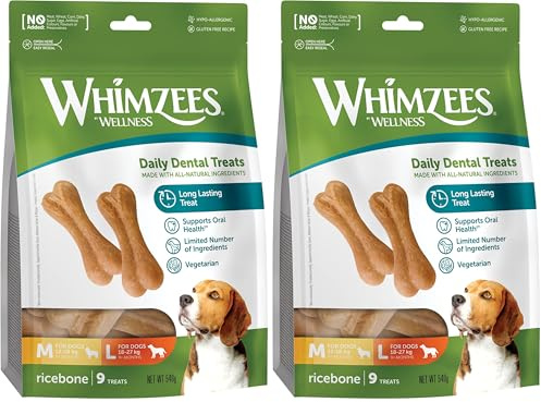 WHIMZEES by Wellness, Os de Riz à Mâcher pour Chien de Grande Taille, Friandises Naturelles pour l'Hygiène Bucco-Dentaire, Taille M/L, Sac de 9 Pièces (Lot de 2)