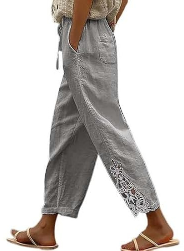 Cihdmfb Pantalon d'été pour femme - Léger - Fin - En lin - Fleurs - Dentelle - Ourlet cousu - Pantalon à enfiler - Couleur unie - Taille haute - Pantalon aéré - Pantalon de plage avec poches