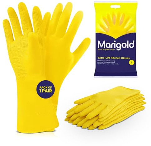Marigold Unisex Rubber Gloves for Kitchen Cleaning – Durable Yellow Household Gloves, Pack of 1, Reusable, Waterproof, Strong Grip for Dishwashing & Cleaning Tasks (Yellow, L - 1 Pair)