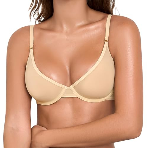 Niwicee Women's Sheer Bra Unlined Plunge Underwired Mesh Demi See Through Sexy Bras for Small Breasts Deep V Everyday Bra Ultra Thin & Breathable (Nude, 36C)