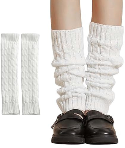 TENGWA Scaldamuscoli Donna Bianco Pile Scaldamuscoli Bambina Lunghezza 40 cm Leg Warmers Modello a Maglia a Trecce Taglia Unica Retrò Adatto per il Pattinaggio e per l'Uso Quotidiano