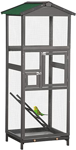 PawHut Cage à Oiseaux Grande Taille en Bois Massif, volière avec Toit en Asphalte, 2 Portes et tiroir Amovible, 68 x 63 x 165 cm, Gris