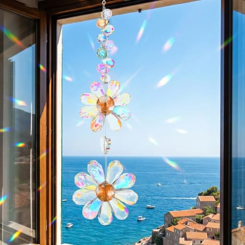 DOPENSPI Attrape-soleil en cristal pour fenêtre, Fleur Attrape-soleil pour décoration de fenêtre de printemps, Décoration de fenêtre arc-en-ciel suspendue, Ornement en verre décoratif pour la maison