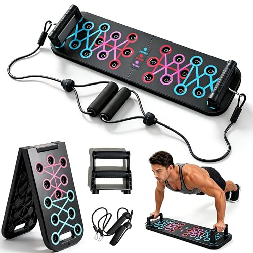 Premium 12-in-1 Push Up Board 2026 – Foldable Push Up Board with Adjustable Handles & 2 Bands. Home Push Ups & Pilates Board for Home Workouts, Chest Strength – Ideal Sit-Up Bench Alternative