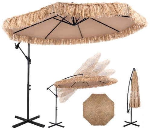 RELAX4LIFE Parasol Déporté en Paille Inclinable 30° Hawaï | Parasol de Plage Paillote avec 9 Couches de Chaume PE. Structure Stable à 8 baleines, Manivelle pour Jardin, Terrasse