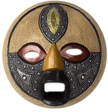 NOVICA Artisan Handmade African Wood Mask Round with Brass Aluminum Accents Brown Black Woodbrass Ghana Masks Ghanaian [8.25in H x 7.75in W x 3.3in D] ' Third Eye'