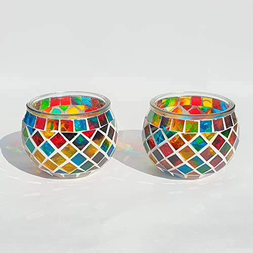 Mosaic Glass Candle Holder Vintage Jar Tealight Holders, Home Decoration with upto 8 Hour Burn Tea Light Candles (Multicolour Twin)
