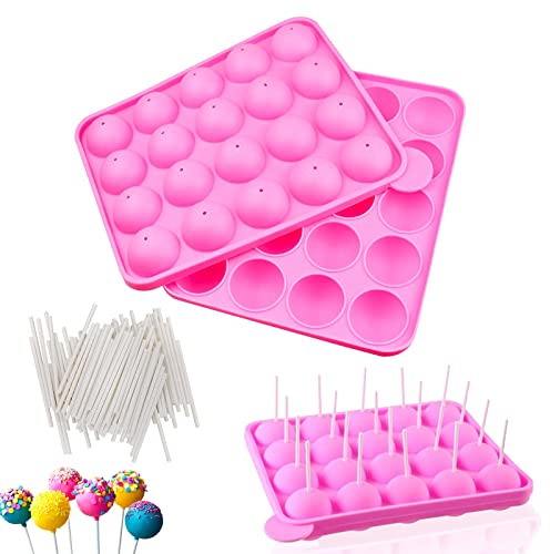 Cake Pop Molds Baking, 2 Pcs Silicone Lollipop Molds with 100 Pcs Cake Pop Sticks, for Candy Chocolate