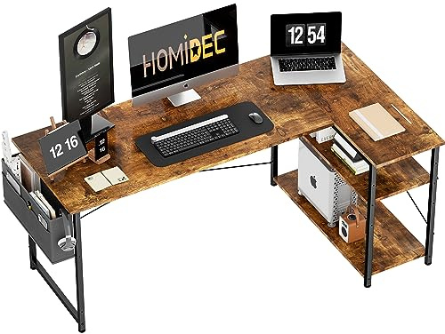 L Shaped Desk with Bookshelf Reversible and Storage Bag, Vintage 140×70cm | Corner Computer Table, Ergonomic Gamer Workstation & Home Office Study Desk, Large Desktop