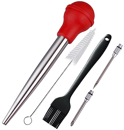zoyizi Turkey Baster, Baster Syringe for Cooking, Stainless Steel Baster with Marinade Injector Neddles &BBQ Brush & Cleaning Brush, Silicone Bulb, Stainless Steel Turkey Baster Set 5, Color Red