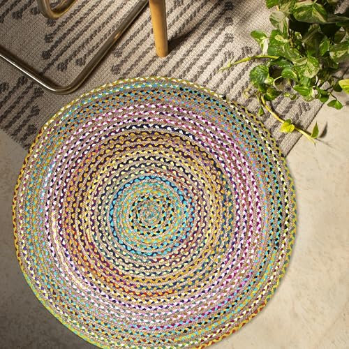 Craft Trade Bunt Waschbarer Boho Jute Teppich Reversibel Geflochten Handgewebt Rund Flickenteppich für Küche Wohnzimmer und Schlafzimmer- 90 cm