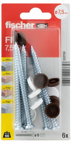 Fischer - Vis inox - Blister de 6 vis pour menuiseries FFS 7,5 x 92 mm + capuchons blanc et brun foncé -