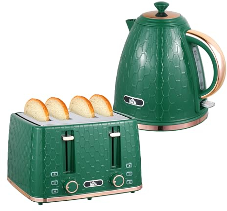 HOMCOM Kettle and Toaster Set, 1.7L 3000W Fast Boil Jug Kettle with Auto Shut Off, 4 Slice Toaster with 7 Level Browning Controls & Crumb Tray, UK Otter Thermostat, Green