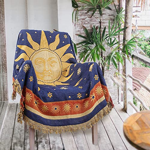 AMIDA Hippie Throw Blanket Sun Moon Stars Boho Throw Blankets Celestial Tapestry Double-Sided Reversible Woven Cotton Home Decor Bedding Chair Couch Recliner Cover Oversized Tassels Astrology 50x70