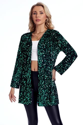 THANKPEARL Women's Sequin Jacket Sparkly Blazer Open Front Glitter Cardigan Long Sleeve Coat for Casual Party Cocktail Green，3XL