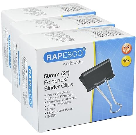 Rapesco FBC500B1 Pinzas/Clips de 50 mm con Brazos Plegables, Capacidad hasta 215 Hojas, Negro, Paquete de 30
