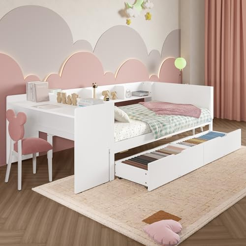 Oxtao Cama plana 90 x 200 cm, cama de madera, con escritorio, equipada con 2 cajones, cama individual, con estantes, pino + aglomerado (blanco, con cajones, 90 x 200 cm)