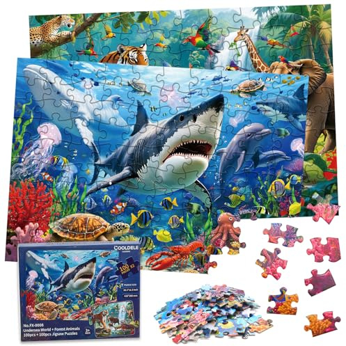 COOLDELE Puzzles for Kids Ages 4-6, 2 x 100 Pieces Puzzles Ocean & Forest Animals,Toys Xmas Birthday Gifts for Kids 4 5 6 7 8Ages （2 sets）