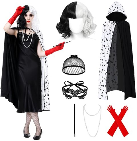 Charmofun Crudelia Demon Costume Donna, Costume Crudelia Donna, Mantello Parrucca Crudelia Demon, Costume Carnevale Femminile per Carnevale Cosplay Mascherata Halloween