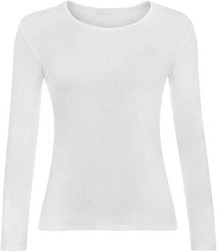SOUL OF FASHION Women Ladies Long Sleeve Round Neck Plain Top Stretchy Casual Summer T-Shirts Basic Slim fit Tee Tops UK Plus Size 8-26 White