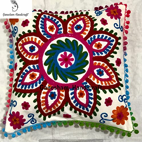 GANESHAM HANDICRAFT Funda de cojín India para decoración del hogar, diseño Floral, algodón, Decorativa, Bohemia, Bordada a Mano, Tela Suzani para sofá, 40,6 x 40,6 cm