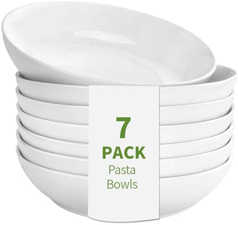 DeeCoo 7 Pack Porcelain Pasta Bowls Ceramic , Large Serving Bowl, Wide and Shallow, Set 8.3 Inch - 30 Ounce - for Pasta, Salad, Cereal, Soup & Microwave & Dishwasher Safe