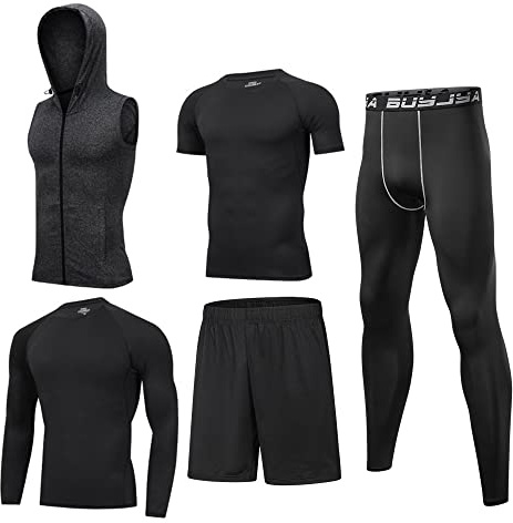 BUYJYA 5Pcs Men's Compression Pants Shirt Top Long Sleeve Jacket Athletic Sets Gym Clothing Mens Workout