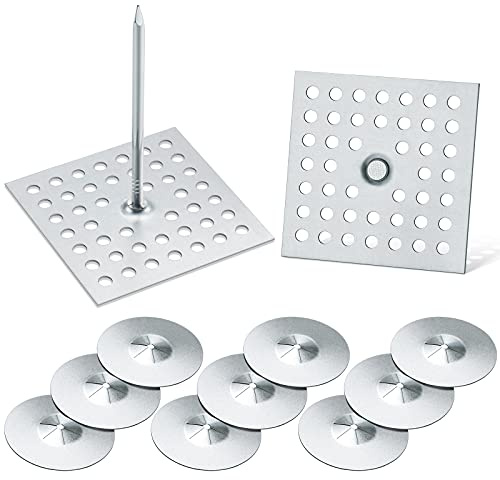 Hotop 100 Set 2-1/2 Inch Perforated Self Stick Insulation Pins 1.5 Inch Round Self Locking Washers Insulation Pins Hangers Washers for Foam Board Wall Floor Ceiling