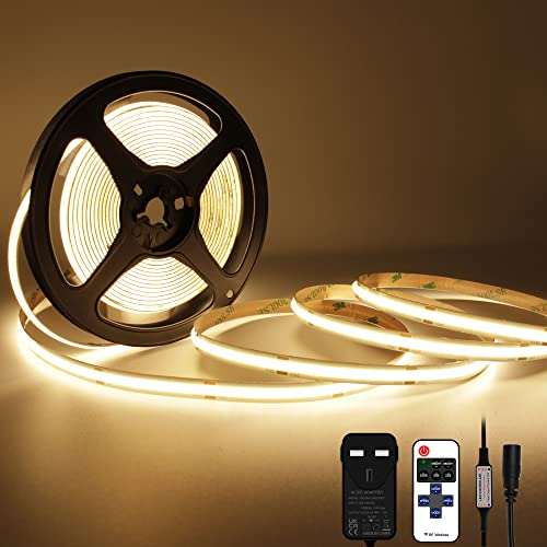 TTWAY COB LED Strip Lights 2700K, Dimmable LED Strip Kit, Super Bright 24V LED Tape Lights CRI90+ with RF Remote and UKCA Power Supply for DIY Home Decoration, 5M, 2400LEDs, Warm White.